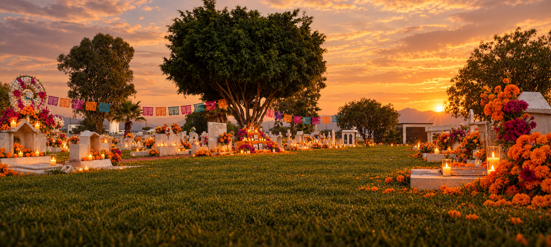Parque funerario decorado con cempasúchil, velas y altar de Día de Muertos